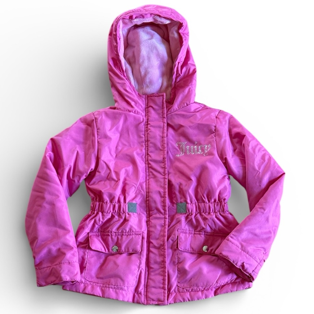 JUICY COUTURE GORLS FUSHA PUFFER HOODED JACKET COAT ZIPPER & SNAP CLOSURE SZ 7-8